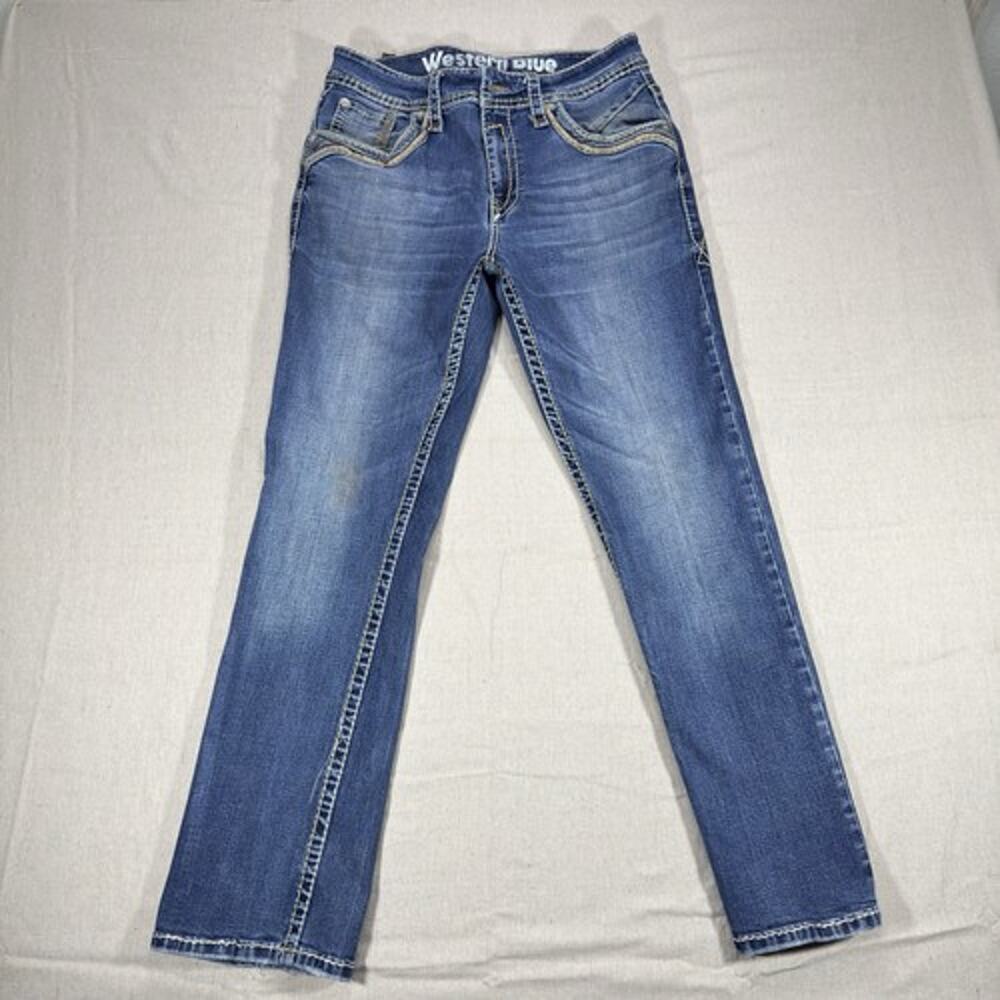 Western Blue Womens Jeans 32x30 Straight Leg Embroidered Heavyweight Denim